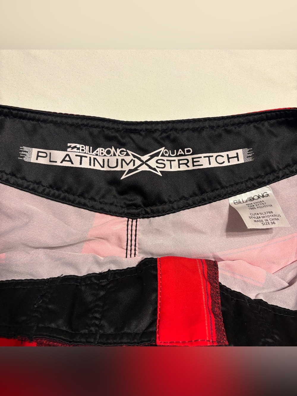 Billabong Platinum Quad Stretch Board Shorts Red and Black Buffalo Plaid Pattern - Picture 10 of 12